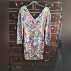 Cache Multicolor Sequin Long Sleeve Dress